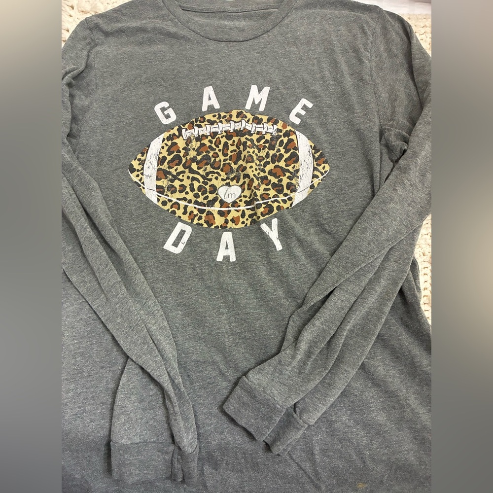 Game Day Leopard Football Long Sleeve Tee - Gray
